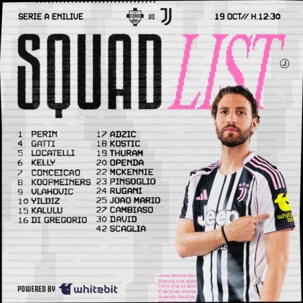 尤文客战科莫大名单：弗拉霍维奇领衔锋线，伊尔迪兹戴维在列